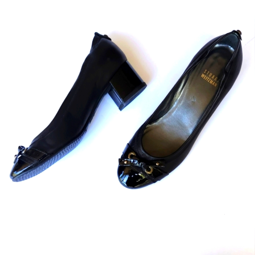 Stuart Weitzman Leather Heeled Loafer Pumps with Bow | Women's Size 6.5 M Black
